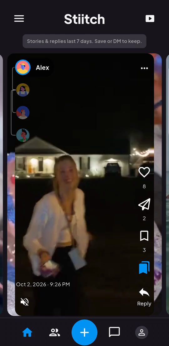 Stiitch app showing a video story and its connected video replies