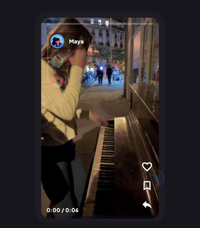 Swipe up through connected video replies with the conversation avatars pinned on the left.